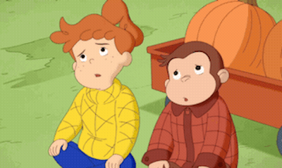 A Boy And A Monkey Are Sitting Next To A Pumpkin GIF
