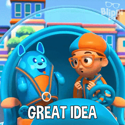 A Boy And A Robot Are Sitting In A Car With The Words Great Idea Written On It GIF