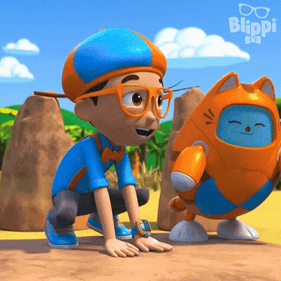 A Boy And A Robot From Blippi Are Kneeling Down GIF