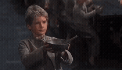 A Boy Holding A Bowl Of Soup With The Words I Want Some Less GIF