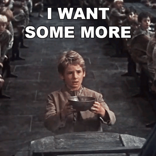 A Boy Holding A Bowl With The Words " I Want Some More " Written On It GIF
