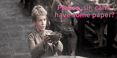 A Boy Holding A Bowl With The Words " Please Sir Can I Have Some Paper " Above Him GIF