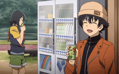 A Boy Holding A Cup That Says ' Hot ' On It Stands In Front Of A Vending Machine GIF