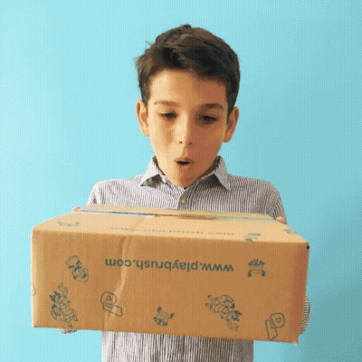 A Boy Holds A Cardboard Box That Says Www.playbrush.com GIF