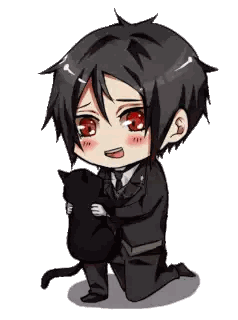 A Boy In A Black Suit Is Kneeling Down And Holding A Black Cat Sticker