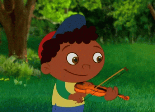 A Boy In A Blue Hat Is Playing A Violin In The Grass GIF