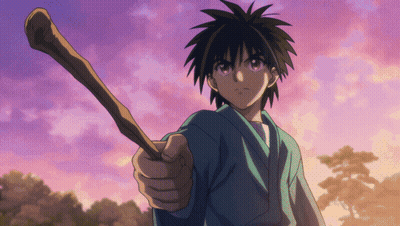 A Boy In A Blue Shirt Holds A Wooden Stick In His Right Hand GIF