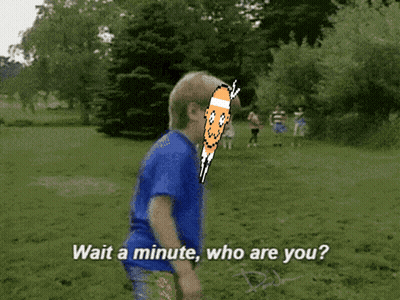 A Boy In A Blue Shirt Is Standing In A Grassy Field And Says Wait A Minute Who Are You ? GIF
