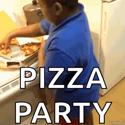 A Boy In A Blue Shirt Is Standing In Front Of A Pizza Box That Says Pizza Party On It . GIF
