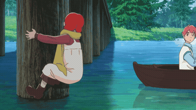 A Boy In A Boat Is Looking At A Girl Sitting On A Wooden Post GIF