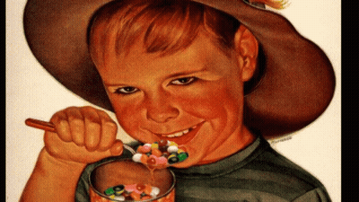 A Boy In A Cowboy Hat Is Eating Cereal With A Spoon And Smiling GIF