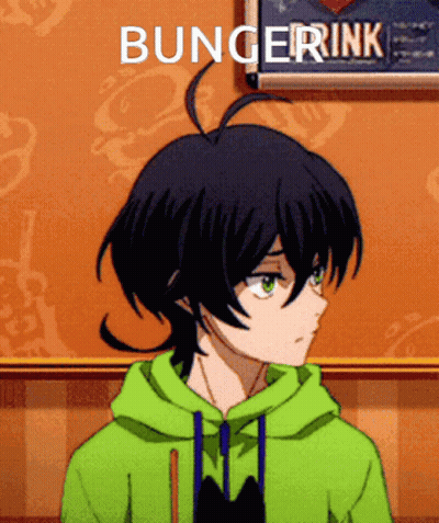 A Boy In A Green Hoodie Has The Word Bungerink On The Bottom Right GIF