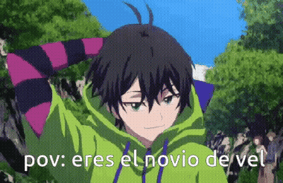 A Boy In A Green Hoodie Is Standing In Front Of Trees And Says Pov Eres El Novio De Vel GIF
