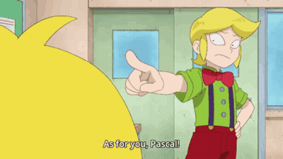 A Boy In A Green Shirt And Red Suspenders Says " I Give You The Lowest Grade " GIF