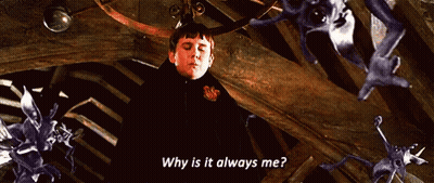 A Boy In A Harry Potter Costume Is Asking Why Is It Always Me GIF