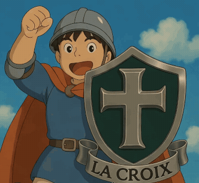 A Boy In A Helmet Holds A Shield With A Cross On It That Says La Croix GIF