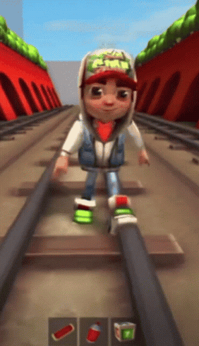A Boy In A Hoodie Is Playing A Video Game Called Subway Surfers GIF