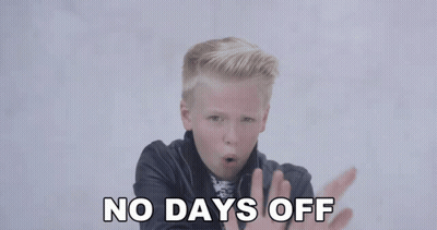 A Boy In A Leather Jacket Says " No Days Off " In White Letters GIF