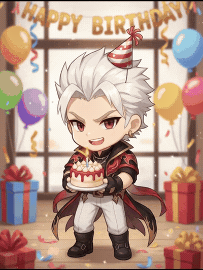 A Boy In A Party Hat Is Holding A Birthday Cake In Front Of A Happy Birthday Banner GIF