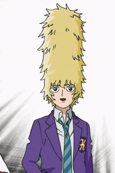 A Boy In A Purple Suit And Tie Has A K On His Chest GIF