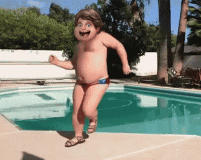 A Boy In A Red And Blue Swim Trunks Is Running Into A Swimming Pool GIF