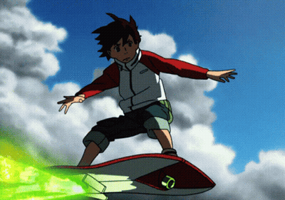 A Boy In A Red And White Jacket Is Riding A Skateboard In The Sky GIF