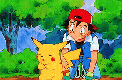 A Boy In A Red Hat Is Kneeling Next To A Pikachu In A Forest . GIF