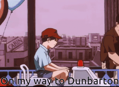 A Boy In A Red Hat Sits On A Balcony With The Words " On My Way To Dunbarton " Above Him GIF