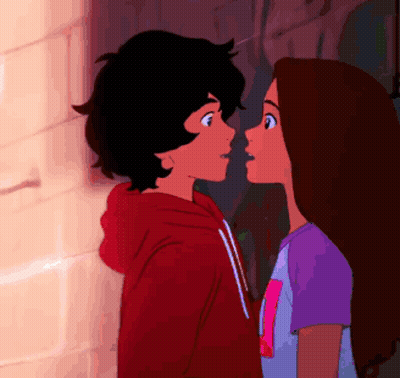 A Boy In A Red Hoodie And A Girl In A Purple Shirt Are Kissing Each Other GIF