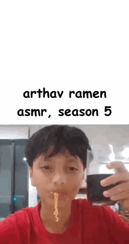 A Boy In A Red Shirt Is Eating Ramen And Drinking A Glass Of Soda Sticker