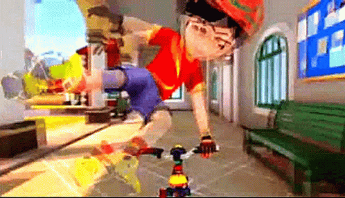 A Boy In A Red Shirt Is Riding A Bike Down A Hallway GIF