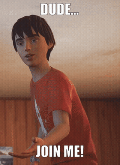 A Boy In A Red Shirt With The Words Dude Join Me Below Him GIF