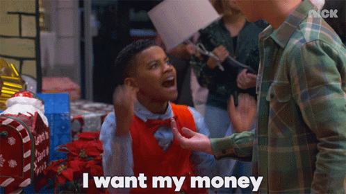 A Boy In A Red Vest And Bow Tie Says " I Want My Money " In Front Of A Man In A Plaid Shirt GIF