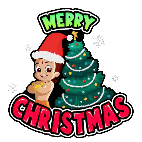 A Boy In A Santa Hat Is Standing Next To A Christmas Tree With The Words Merry Christmas Below Him Sticker