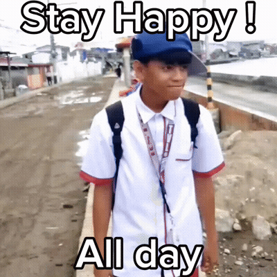 A Boy In A School Uniform Is Standing On A Sidewalk With The Words Stay Happy All Day Written Above Him GIF