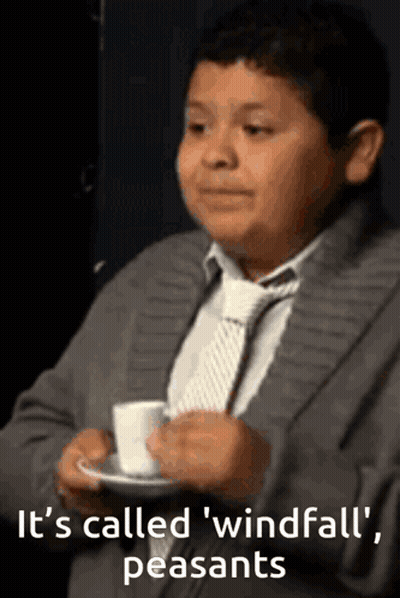 A Boy In A Suit And Tie Is Holding A Cup Of Coffee With The Words It 'S Called Windfall Peasants On The Bottom GIF