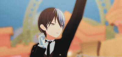 A Boy In A Tuxedo And Tie Is Raising His Hand In The Air . GIF