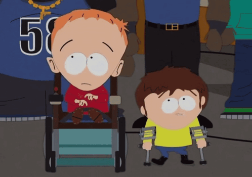A Boy In A Wheelchair And Another Boy With Crutches GIF