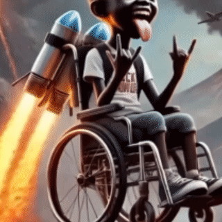Boy In Wheelchair With Rocket On Back GIF