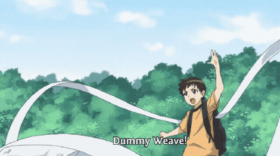 A Boy In A Yellow Shirt Is Holding A Long White Ribbon With The Words Dummy Weave Below Him GIF