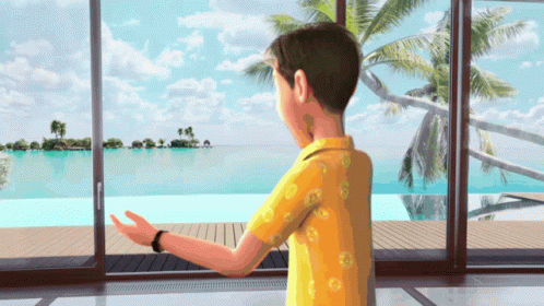 A Boy In A Yellow Shirt Stands In Front Of A Sliding Glass Door GIF