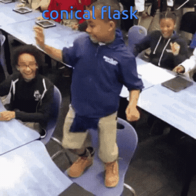 A Boy Is Dancing In A Classroom With The Words Conical Flask Written Above Him GIF