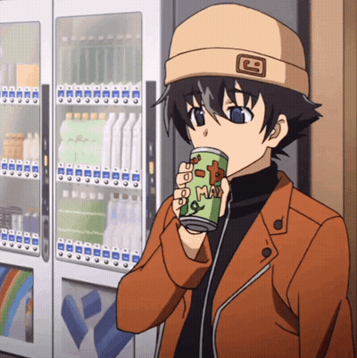 A Boy Is Drinking From A Can That Says Max On It GIF