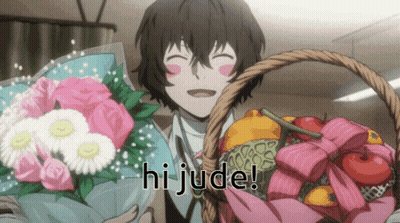 A Boy Is Holding A Bouquet Of Flowers And A Basket Of Fruit And The Words Hi Jude Are Above Him GIF