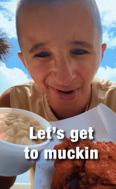 A Boy Is Holding A Bowl Of Macaroni And Cheese And A Plate Of Fried Chicken With The Caption Let 'S Get To Mucking GIF