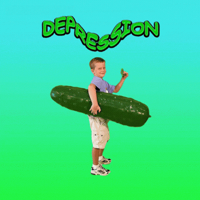 A Boy Is Holding A Large Green Cucumber In Front Of A Purple Background That Says Depression GIF