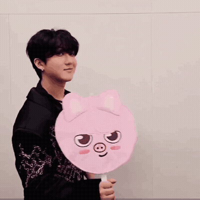 A Boy Is Holding A Pink Fan With A Pig Face On It GIF