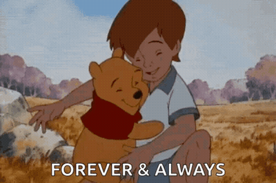A Boy Is Hugging A Winnie The Pooh Bear In A Field With The Words `` Forever And Always '' . GIF