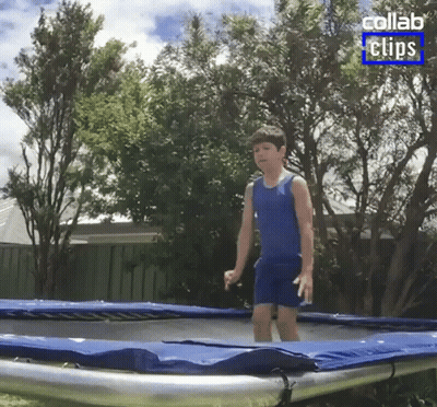 A Boy Is Jumping On A Trampoline With A Collab Clips Logo In The Corner GIF