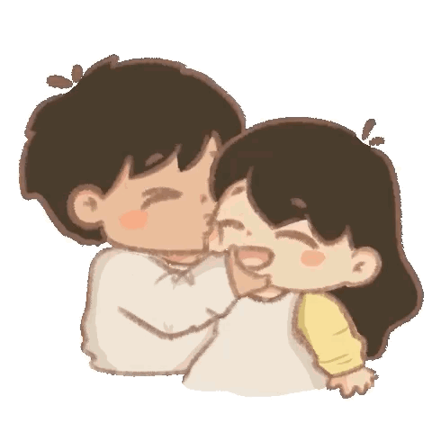 A Boy Is Kissing A Girl On The Cheek While Holding Her In His Arms . GIF